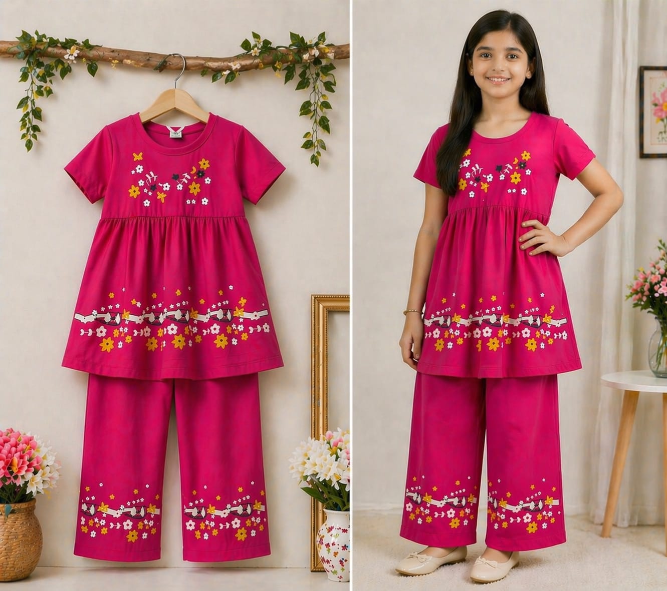 (3Y–12Y ) Girls Soft Printed Top & Pants Set